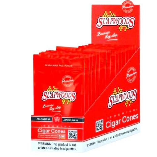 Slapwoods Natural Leaf Cigar Cones, red packaging box displaying multiple cigar cones and product branding for natural leaf cigar smoking.