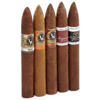 Victor Sinclair 5 Cigars Sampler, image showing five cigars with different band designs and sizes arranged upright.