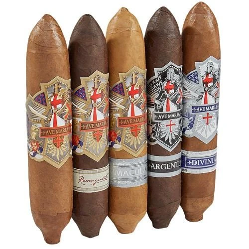 Ave Maria Morning Star Collection Cigars Sampler, five cigars with decorative bands showing religious symbols and varying shades of brown and black cigar wrappers.