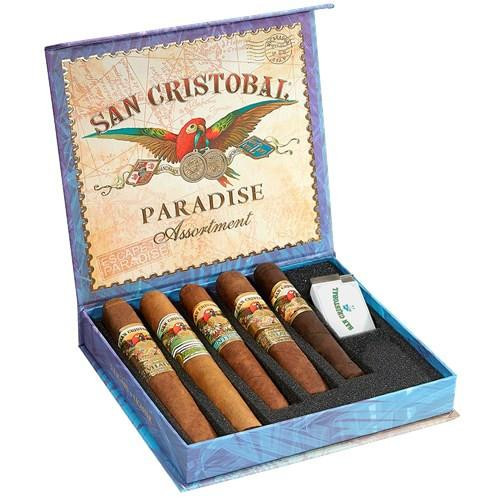 San Cristobal Paradise Assortment Cigars Sampler, open cigar box containing five cigars with colorful bands and a pack of matches inside the box.