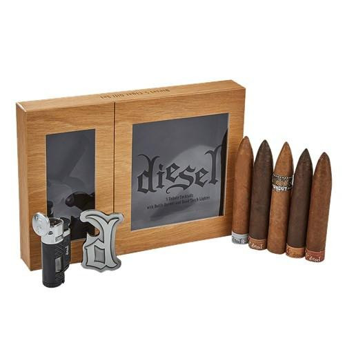 Diesel Gift Box Bottle Opener & Lighter Cigars Sampler, an elegant wooden box containing a bottle opener, a lighter, and a selection of cigars.