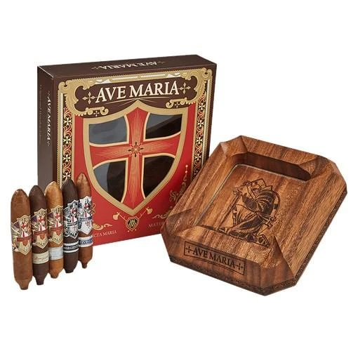 Ave Maria Gift Box & Ashtray Cigars Sampler, set of cigars and an engraved wooden ashtray with the Ave Maria logo.