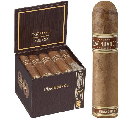 Oliva Cigars Nub Nuance Single Roast 460 Cigars 20 Ct. Box, image of an open black box containing multiple cigars with a single cigar placed outside the box showing its detailed band and packaging.