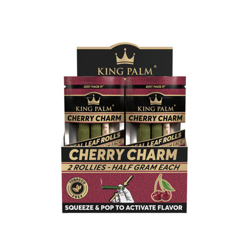 King Palm Wraps King Palm Rollies Rolls Cherry Charm 20/2Pk, display of cherry-flavored natural leaf wrap rolls in a pack with vibrant red and black packaging featuring a crown logo.