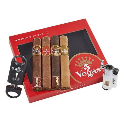 5 Vegas Gift Box + Lighter & Cutter Combo Cigar Sampler, red gift box containing four cigars, a cigar cutter, and a zippo-style lighter.