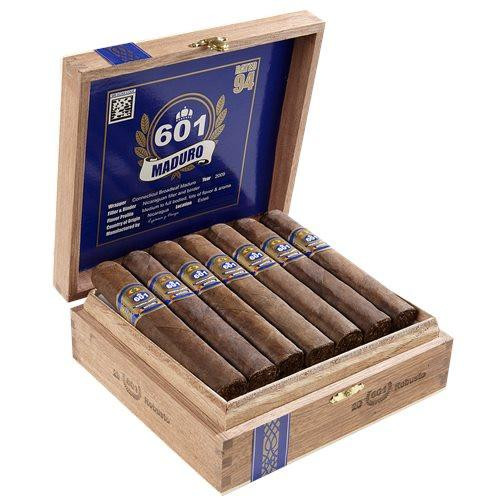 601 Blue Box-Pressed Maduro Toro Cigars 20Ct, open wooden cigar box displaying neatly arranged Maduro Toro cigars with blue and gold labels inside.