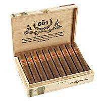 601 Serie Red Torpedo Cigars 20 Ct. Box, open wooden cigar box filled with red-tipped torpedo cigars neatly arranged inside the box.