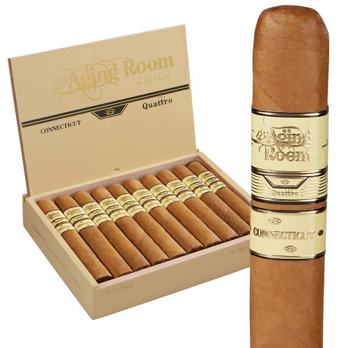 Altadis Aging Room Quattro Connecticut Espressivo Cigars 20 Ct. Box, featuring a closed box of cigars with a detailed close-up of one cigar showing its smooth, light brown wrapper and gold band with the brand name.