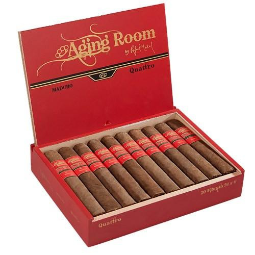 Altadis Aging Room Quattro Maduro Vibrato Cigars 20Ct. Box, open red box revealing 20 cigars with red bands, inside a cushioned tray.