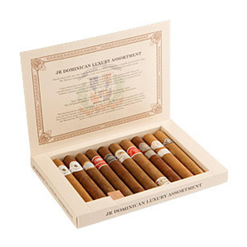 Altadis Dominican Luxury Cigar Sampler 10Ct. Box, open box showing ten assorted cigars with labels inside a cream-colored box