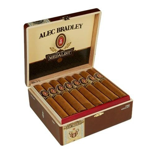 Alec Bradley Medalist Toro Cigars 24Ct., open wooden box containing 24 cigars with branded bands.