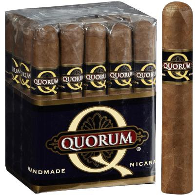 Quorum Robusto Cigars 20 Count Bundle, pack of cigars with bands, and one cigar displayed separately showing its size and band detail.