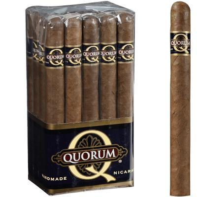 Quorum Churchill Cigars 20 Ct. Bundle, box of 20 hand-made cigars with dark brown wrappers and gold and black band, and one individual cigar showing the same branding.