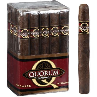 Quorum Maduro Toro Cigars 20 Ct. Bundle, arranged inside a clear plastic wrap with one cigar placed outside the bundle showcasing the dark Maduro wrapper and band.
