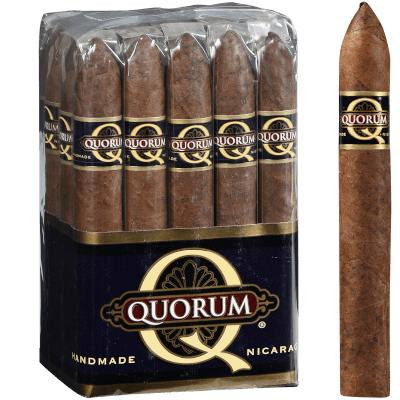 Quorum Torpedo Cigars 20 Count Bundle, a pack of premium handmade cigars in a clear plastic wrap with one cigar outside showing its torpedo shape and brown wrapper.