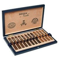 General Cigar Media Noche Cigars Box Sampler 12Ct, a wooden box containing 12 cigars with a sleek design and packaging for premium smoking experience.