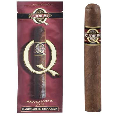 Quorum Maduro Robusto Cigars 6 Ct. Pack, featuring a close-up of one cigar with a brown wrapper and a band, alongside the packaging with the brand logo and product details.