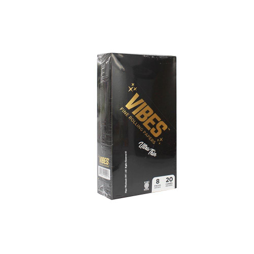 Vibes Rolling Paper Vibes Ultra Thin King size cones 20PK, black packaging with gold and white text showcasing product details
