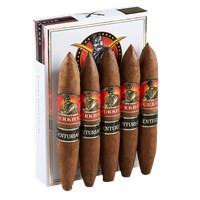 Gurkha Centurian Double Perfecto Cigars 5Pk, set of five premium cigars with dark brown wrappers and decorative bands in a white box.