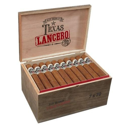Alec Bradley Texas Lancero Cigars 50 Ct. Box, open wooden cigar box showcasing a row of cigars with branded bands.