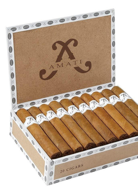 Amati Toro Cigars 20Ct. Box, open cigar box displaying twenty neatly arranged cigars with white bands featuring the Amati logo.