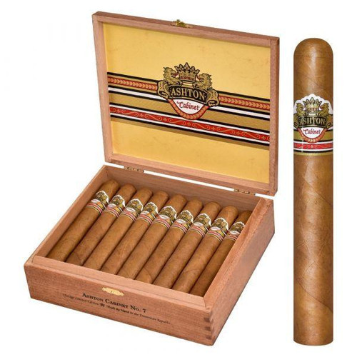 Ashton Cigars Ashton Cabinet Selection #7 Toro Cigars 25Ct. Box, wooden cigar box containing 25 cigars with a single cigar shown outside the box highlighting its band design.