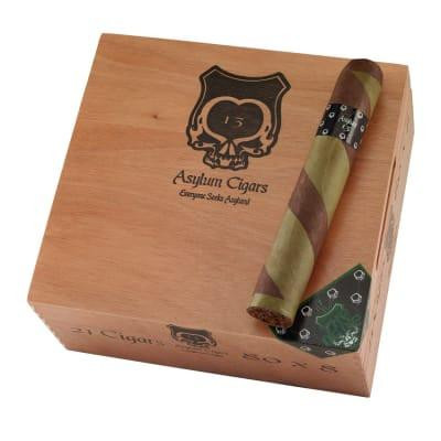 Asylum 13 Ogre 880 Cigars 21Ct. Box, wooden cigar box with Asylum Cigars logo and a single cigar placed on top