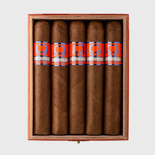 Asylum Insidious Habano 643 Cigars 25Ct. Box, a wooden box containing five cigars with orange and blue bands.