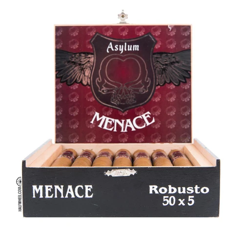 Asylum Menace Robusto Cigars 15Ct. Box, a view of the open wooden box containing cigars with a decorative lid featuring a skull and wings design.