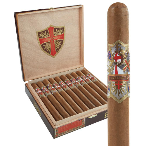 AJ Fernandez Ave Maria Barbarossa Cigars 20Ct. Box, wooden cigar box filled with 20 cigars and featuring a detailed shield logo on the band and inside the box lid.