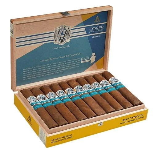 AVO Syncro American Ritmo Robusto Cigars 20Ct. Box, open wooden cigar box containing 20 cigars with blue and white bands inside a yellow and wood-colored packaging.