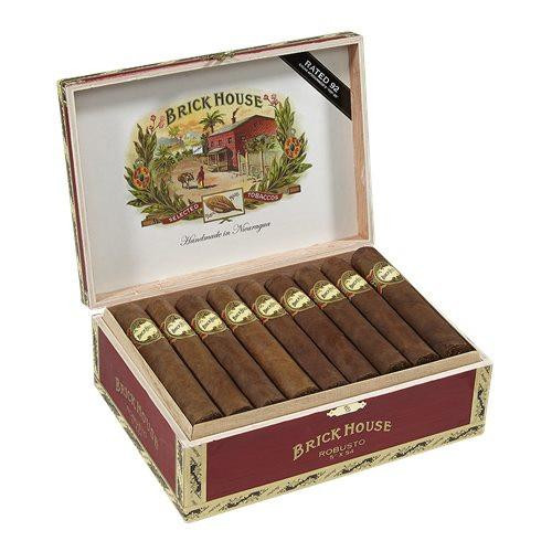 Brick House Robusto Cigars 25Ct. Box, open cigar box showing 10 cigars with labels inside, decorative artwork on the lid, and branding on the exterior.