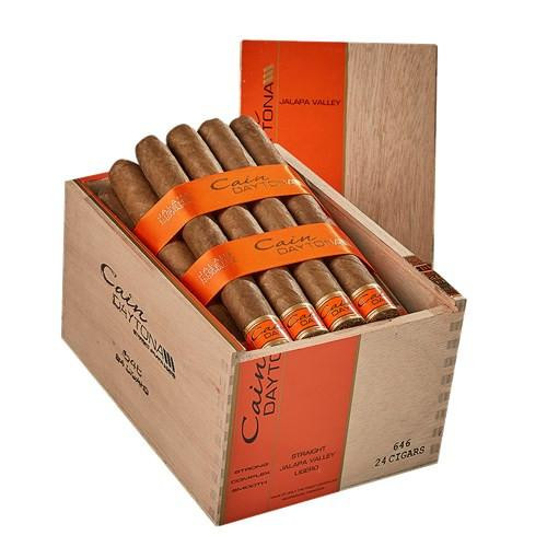 Oliva Cigars Cain Daytona by Oliva Corona Cigars 24CT Box, showcasing a wooden box filled with cigars in orange and brown packaging.