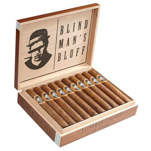Caldwell Blind Man's Bluff Toro Cigars 20Ct. Box, open wooden box with 20 cigars neatly arranged inside and the logo of a man with a hat and glasses on the inside lid.
