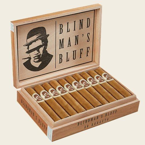 Caldwell Blind Man's Bluff Connecticut Robusto Cigars 20Ct. Box, wooden cigar box containing 20 cigars with a label featuring a man in a hat