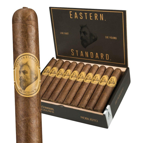 Caldwell Eastern Standard Habano Robusto Cigars 20Ct. Box, featuring a box of cigars with a single cigar in the foreground showcasing a label with a bearded man's profile.