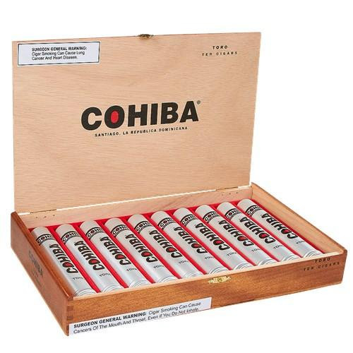 Cohiba Red Dot Toro Cigars Tubo 10Ct. Box, open wooden box showcasing ten cigars with red and silver bands.
