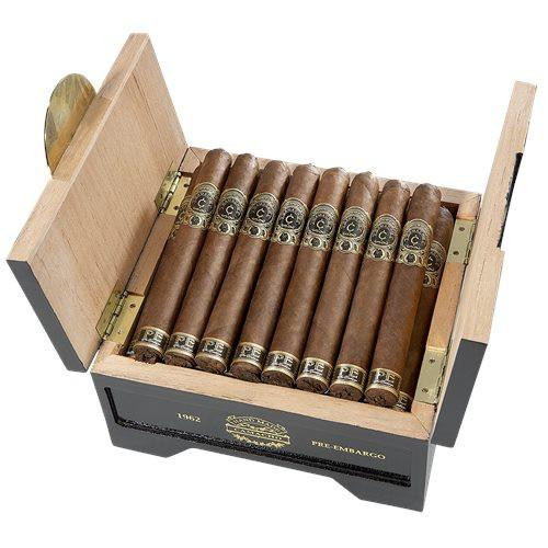Camacho Pre-Embargo Toro Cigars Pack of 10, a wooden box containing ten cigars with gold and black banding, open to show the cigars inside.
