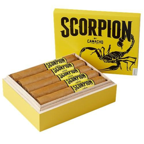 Camacho Scorpion Connecticut Gordo Cigars 10Ct. Box, yellow box with black scorpion illustration and cigars inside with yellow band.