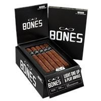 CAO Bones Churchill Cigars 20Ct. Box, opened display of the cigars with black packaging and white branding