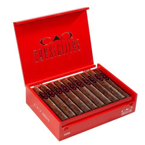 CAO Consigliere Associate Cigars 20Ct.Box, a red box filled with 20 cigars neatly arranged inside.