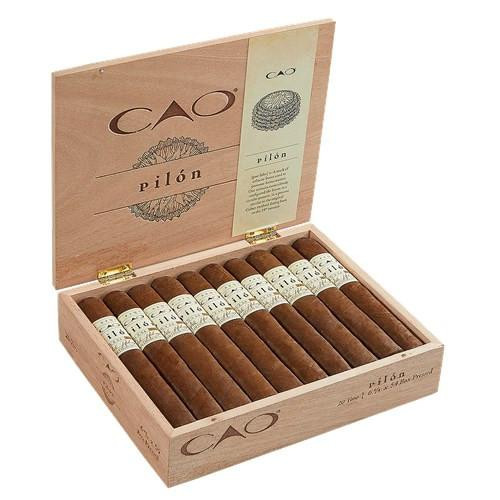 CAO Pilon Toro Cigars 20Ct. Box-Pressed, opened wooden cigar box displaying 20 cigars with white bands.