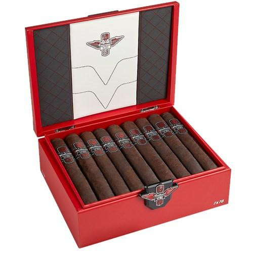 General Cigar CAO V21 Big Block Cigars 27Ct. Box, a red rectangular cigar box with a hinged lid, containing 27 large cigars inside and featuring brand logo and decorative interior design.