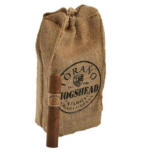 Carlos Torano Hogshead Robusto Cigars Pack of 20, featuring a single cigar leaning against a rustic burlap sack with the Carlos Torano logo.