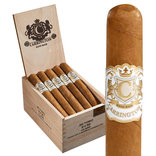 Carrington Toro Cigars 20Ct. Box, image of a wooden cigar box filled with cigars and one cigar with a decorative band.