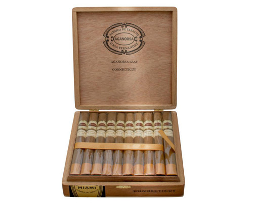 Aganorsa Leaf Connecticut Robusto Cigars 20Ct. Box, wooden box open showing 20 cigars wrapped in cellophane with a leather strap for sealing.