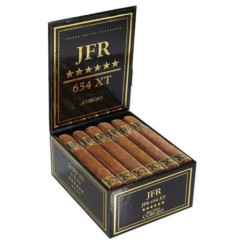 Casa Fernandez J.F.R. XT Corojo 654 Cigars 24Ct. Box, open black box displaying 24 cigars with gold and black packaging and labels.