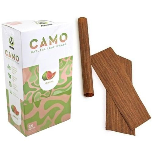 CAMO Natural Leaf Wraps Guava 25Pk, image of a box of leaf wraps, a rolling pin, and leaf wrap sheets for food preparation.