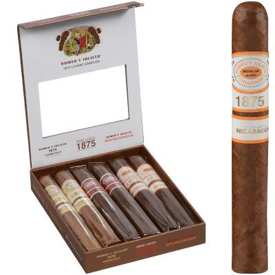 Altadis Romeo Y Julieta 1875 Lovers Cigar Sampler 6Ct, a box containing six cigars with their individual wrappers displayed alongside a single unwrapped cigar, all featuring the brand's distinctive orange and white band.