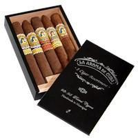La Aroma de Cuba & San Cristobal Cigar Sampler 5Ct, box of five cigars with detailed band designs inside a sleek black presentation box.